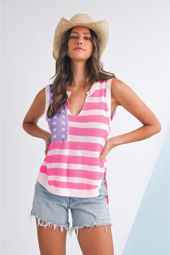 Knit Tops | Pink Stripe Usa Flag Notched Neckline Loose Knit Vest - Women