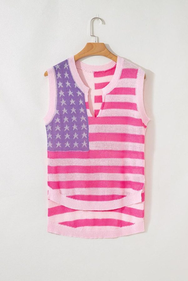 Knit Tops | Pink Stripe Usa Flag Notched Neckline Loose Knit Vest - Women - Image 3
