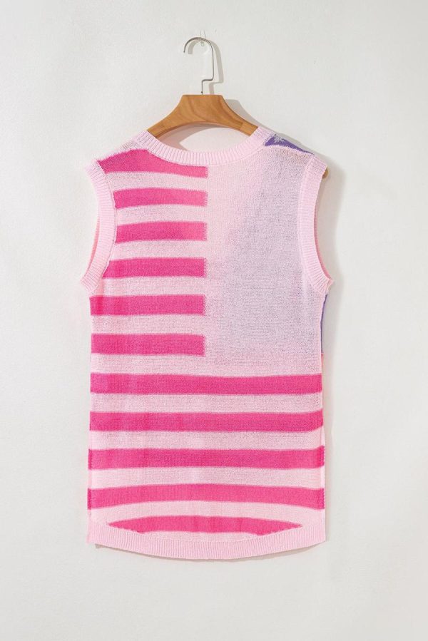 Knit Tops | Pink Stripe Usa Flag Notched Neckline Loose Knit Vest - Women - Image 4