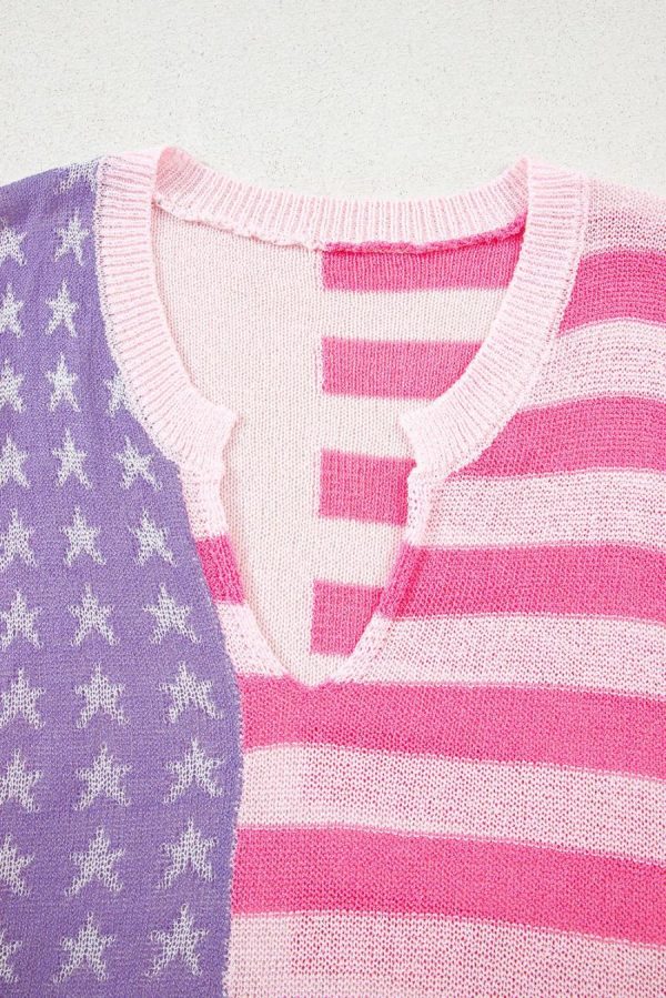 Knit Tops | Pink Stripe Usa Flag Notched Neckline Loose Knit Vest - Women - Image 5