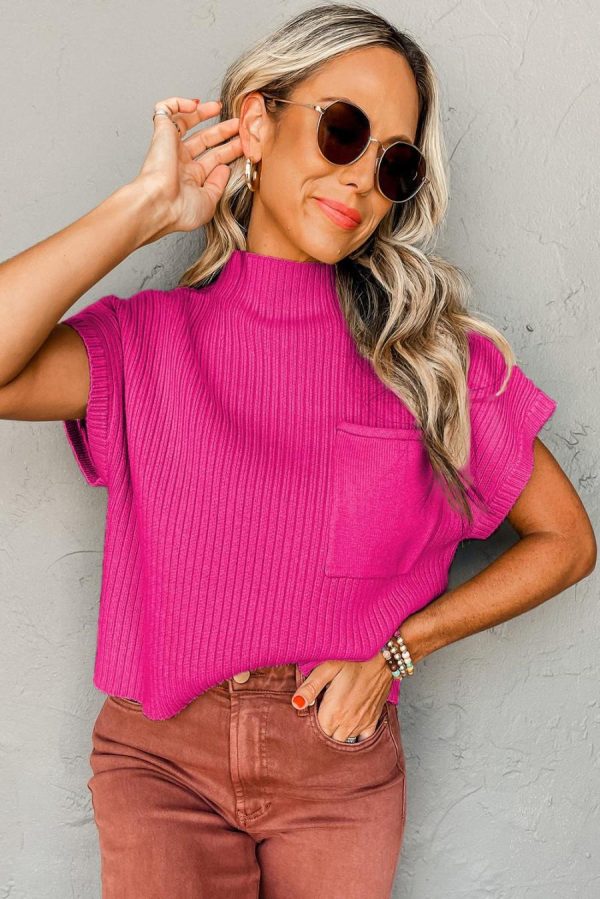 Knit Tops | Rose Red Patch Pocket Ribbed Knit Short Sleeve Sweater - Women - Image 2