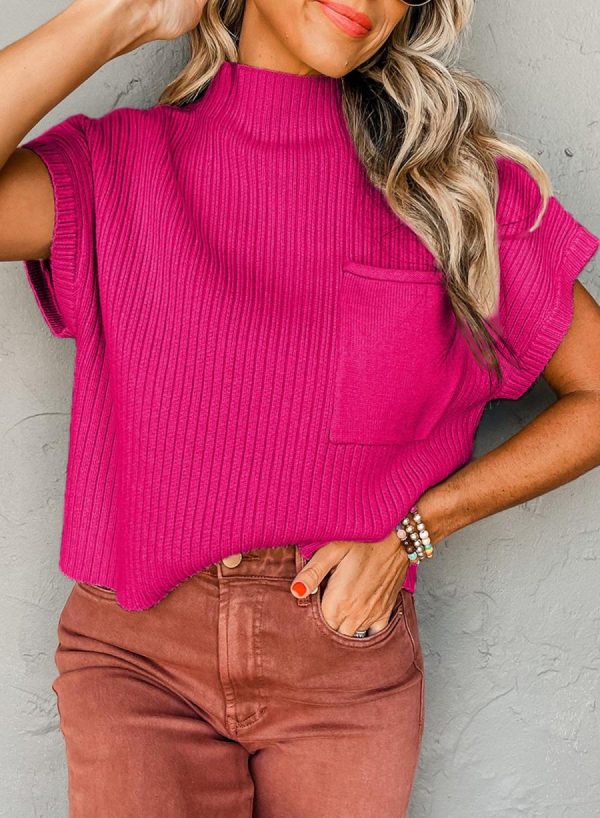 Knit Tops | Rose Red Patch Pocket Ribbed Knit Short Sleeve Sweater - Women - Image 3