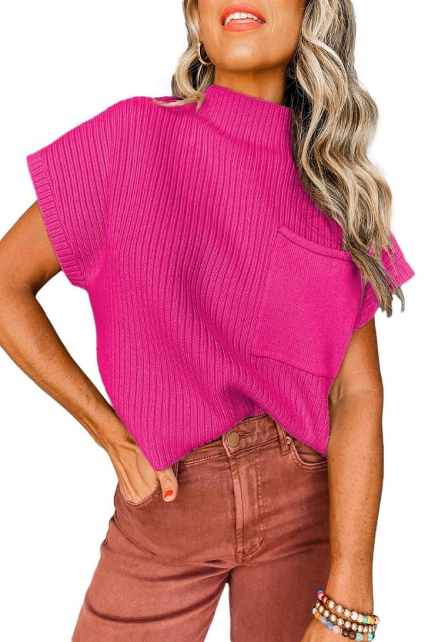 Knit Tops | Rose Red Patch Pocket Ribbed Knit Short Sleeve Sweater - Women - Image 4