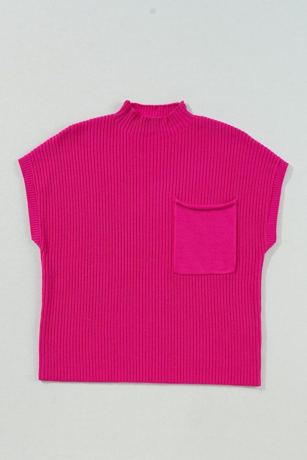 Knit Tops | Rose Red Patch Pocket Ribbed Knit Short Sleeve Sweater - Women - Image 5