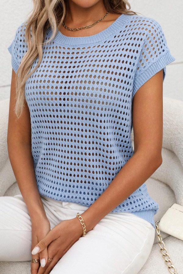 Knit Tops | Sky Blue Hollow Out Short Sleeve Knit Top - Women