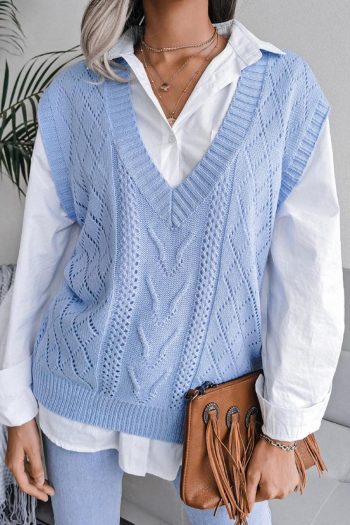 Knit Tops | Sky Blue Hollow Out V Neck Knit Vest - Women