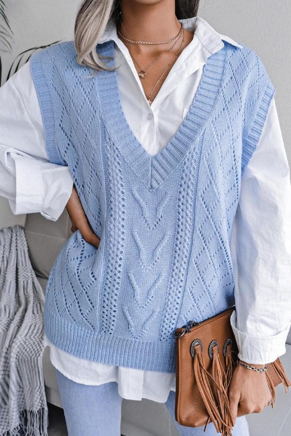 Knit Tops | Sky Blue Hollow Out V Neck Knit Vest - Women - Image 2