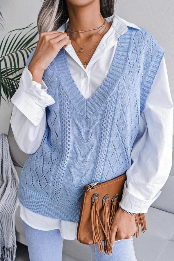 Knit Tops | Sky Blue Hollow Out V Neck Knit Vest - Women - Image 3