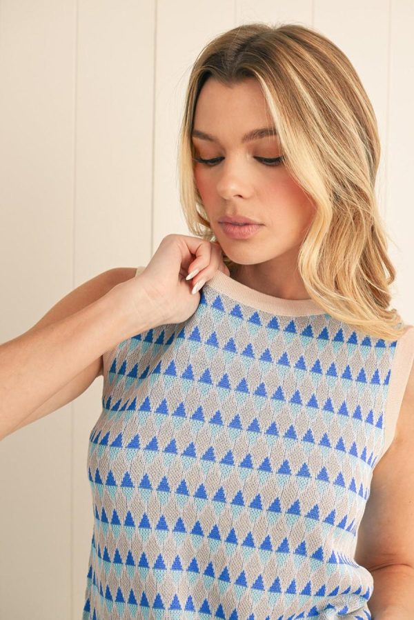 Knit Tops | Sky Blue Stripe Geometric Print Round Neck Slim Fit Sweater Vest - Women - Image 5