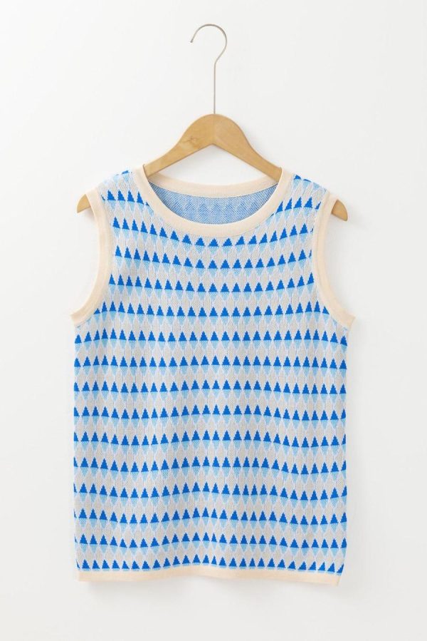 Knit Tops | Sky Blue Stripe Geometric Print Round Neck Slim Fit Sweater Vest - Women - Image 6