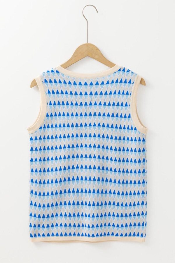 Knit Tops | Sky Blue Stripe Geometric Print Round Neck Slim Fit Sweater Vest - Women - Image 7