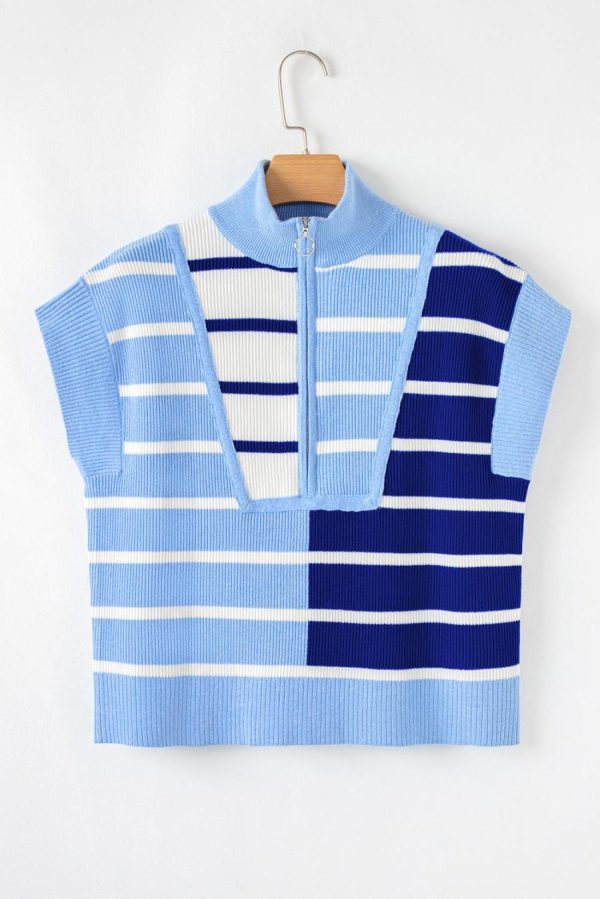 Knit Tops | Sky Blue Stripe Quarter Zip Collar Knit Vest - Women - Image 2