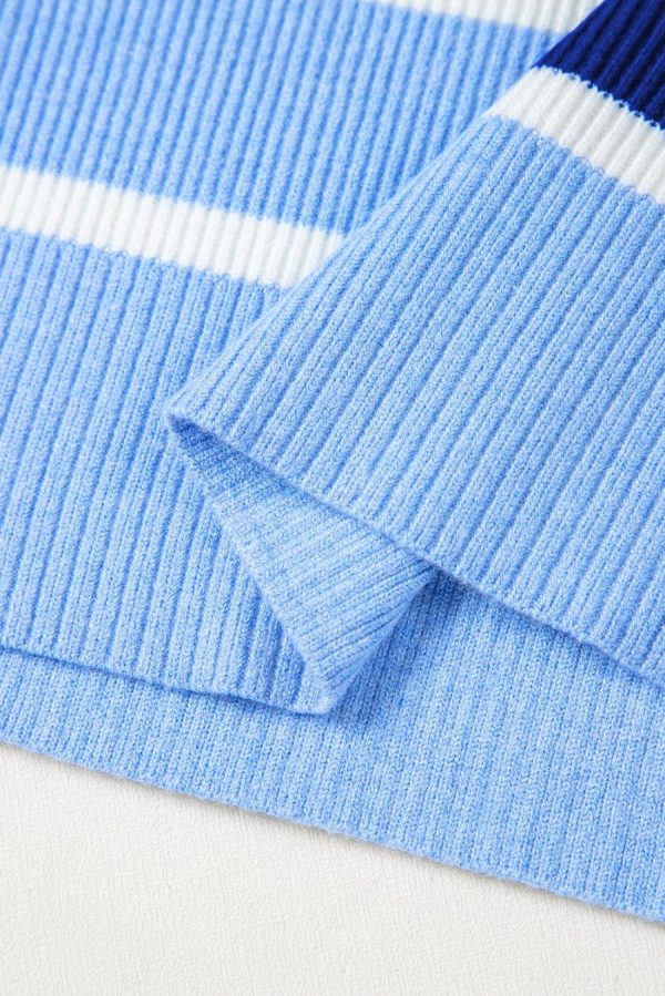 Knit Tops | Sky Blue Stripe Quarter Zip Collar Knit Vest - Women - Image 4