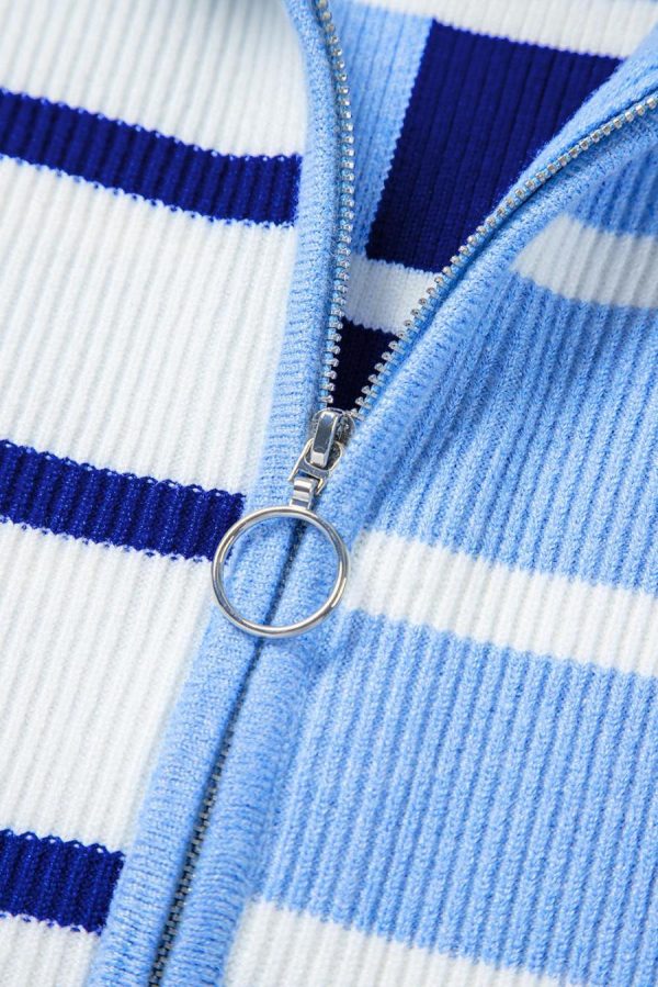 Knit Tops | Sky Blue Stripe Quarter Zip Collar Knit Vest - Women - Image 5