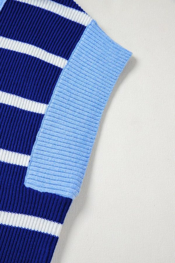 Knit Tops | Sky Blue Stripe Quarter Zip Collar Knit Vest - Women - Image 6
