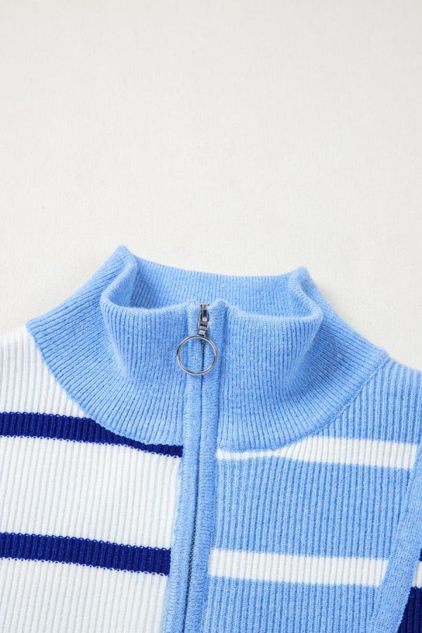 Knit Tops | Sky Blue Stripe Quarter Zip Collar Knit Vest - Women - Image 7