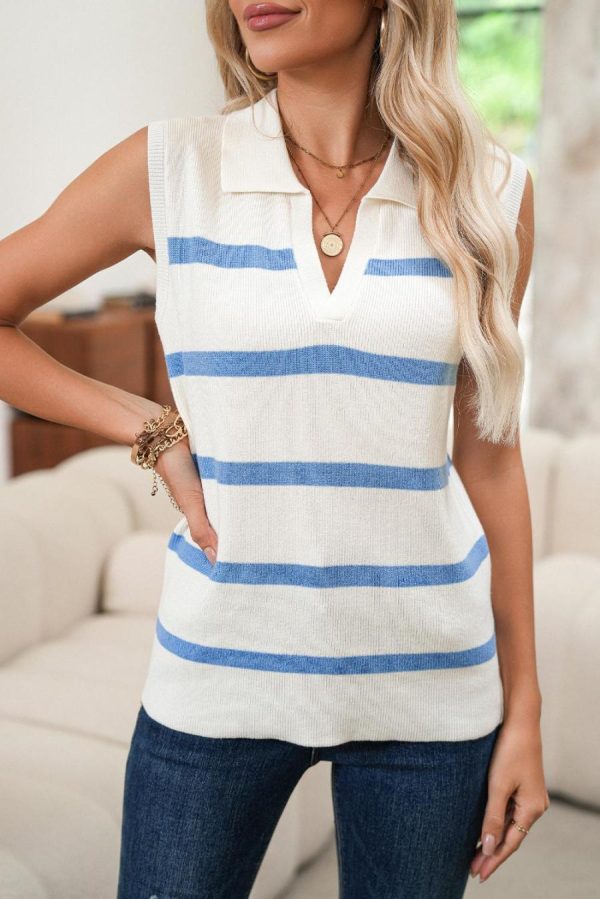 Knit Tops | Sky Blue Striped Split V Neck Collared Ribbed Knit Vest - Women - Image 3