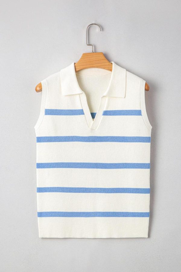 Knit Tops | Sky Blue Striped Split V Neck Collared Ribbed Knit Vest - Women - Image 5