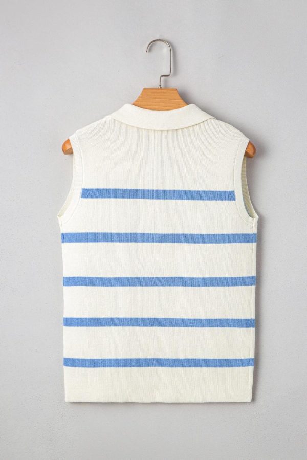 Knit Tops | Sky Blue Striped Split V Neck Collared Ribbed Knit Vest - Women - Image 6