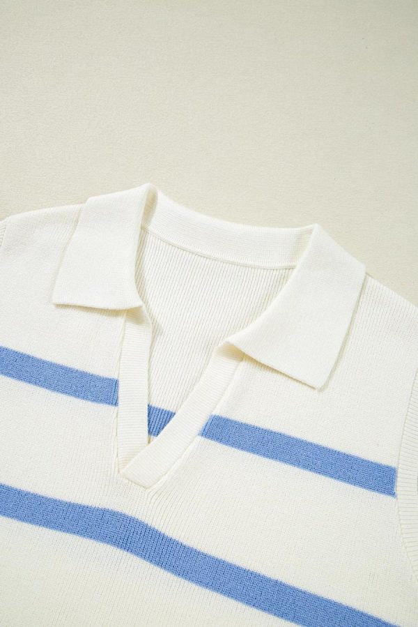 Knit Tops | Sky Blue Striped Split V Neck Collared Ribbed Knit Vest - Women - Image 7
