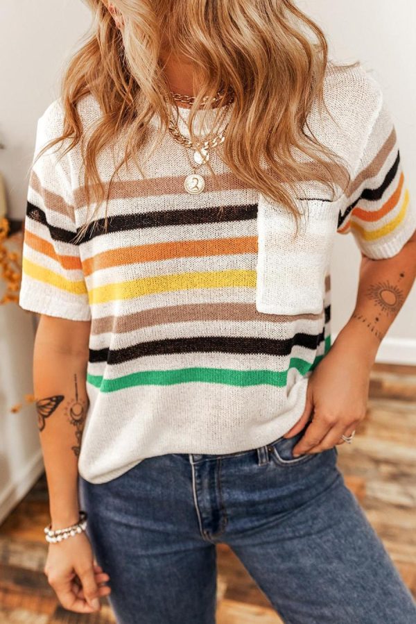 Knit Tops | White Colorful Striped Pocket Loose Fit Knitted T Shirt - Women