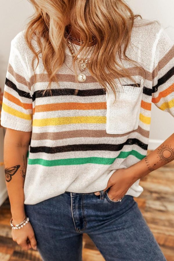 Knit Tops | White Colorful Striped Pocket Loose Fit Knitted T Shirt - Women - Image 2