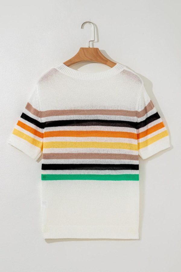 Knit Tops | White Colorful Striped Pocket Loose Fit Knitted T Shirt - Women - Image 5
