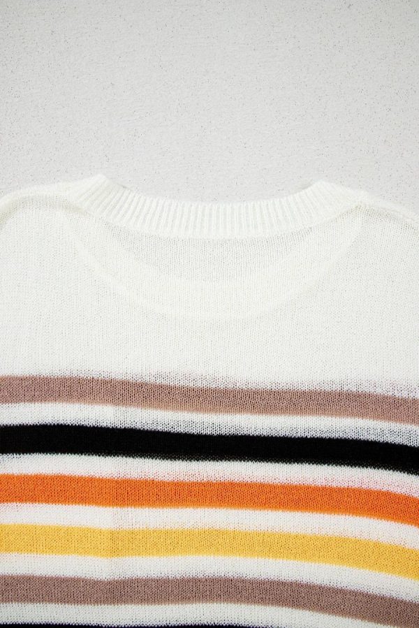 Knit Tops | White Colorful Striped Pocket Loose Fit Knitted T Shirt - Women - Image 6