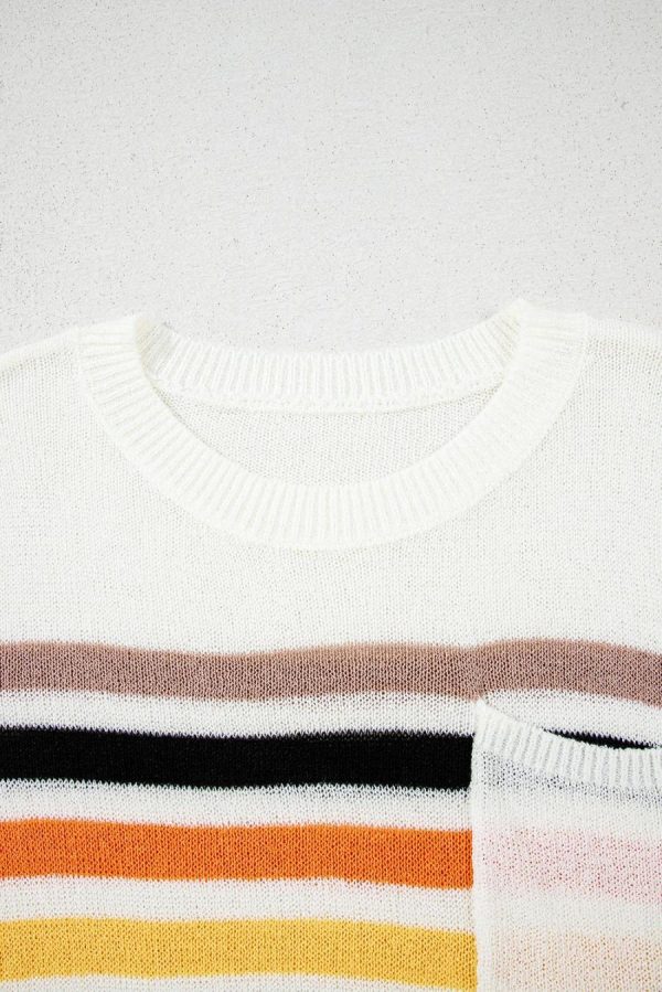 Knit Tops | White Colorful Striped Pocket Loose Fit Knitted T Shirt - Women - Image 7