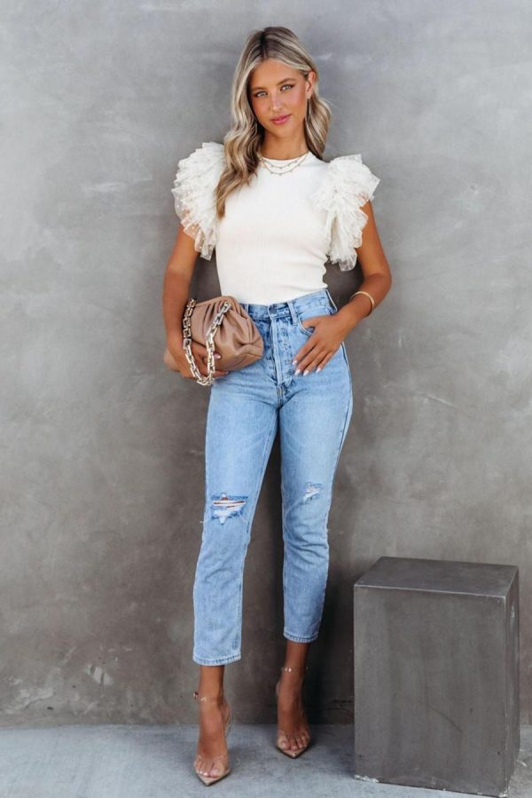 Knit Tops | White Dotty Layered Ruffle Casual Ribbed Knit Top - Women - Image 5