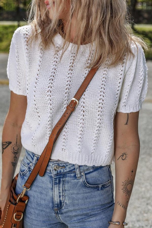 Knit Tops | White Pointelle Knit Short Puff Sleeve Crewneck Top - Women