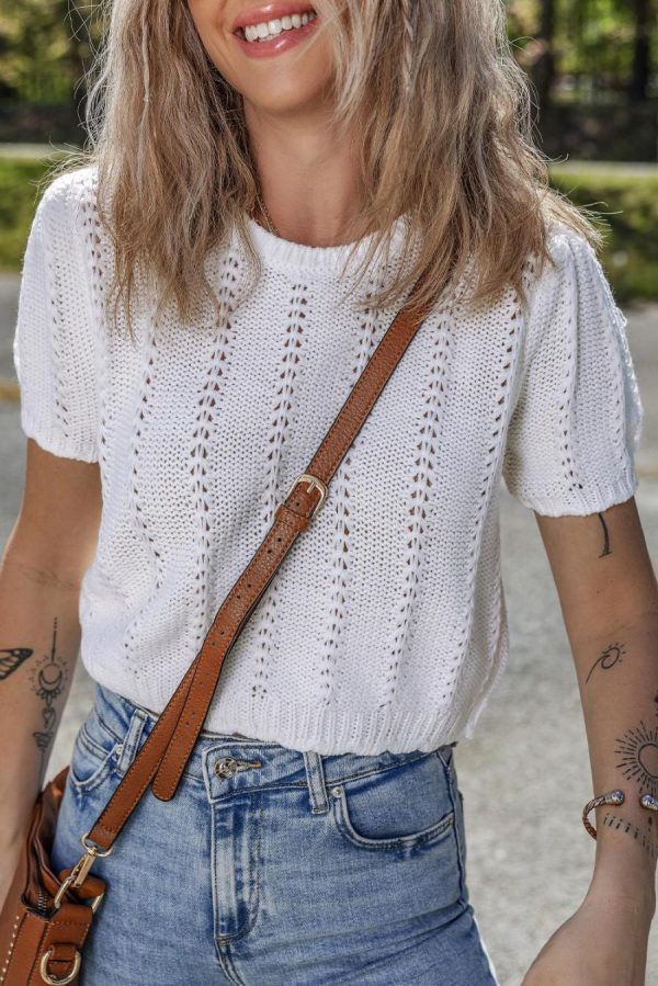 Knit Tops | White Pointelle Knit Short Puff Sleeve Crewneck Top - Women - Image 2