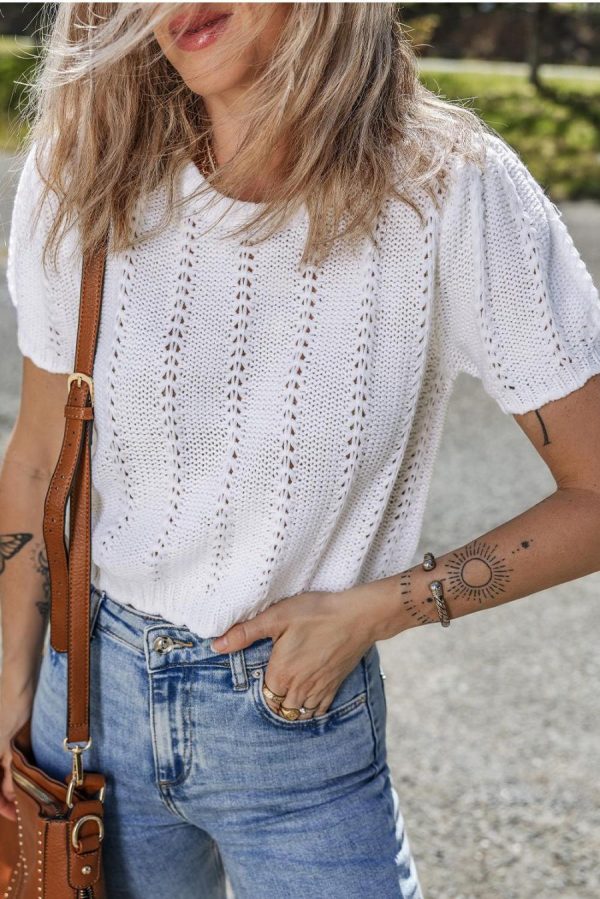 Knit Tops | White Pointelle Knit Short Puff Sleeve Crewneck Top - Women - Image 3