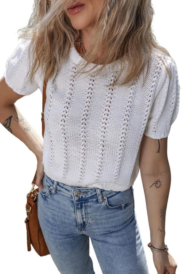 Knit Tops | White Pointelle Knit Short Puff Sleeve Crewneck Top - Women - Image 5
