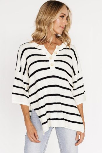 Knit Tops | White Stripe Drop Shoulder Bracelet Sleeve Henley Knit Tee - Women