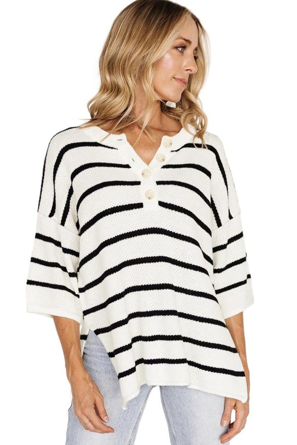 Knit Tops | White Stripe Drop Shoulder Bracelet Sleeve Henley Knit Tee - Women - Image 2