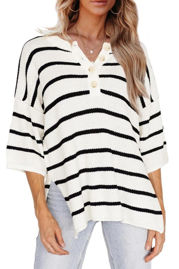 Knit Tops | White Stripe Drop Shoulder Bracelet Sleeve Henley Knit Tee - Women - Image 3