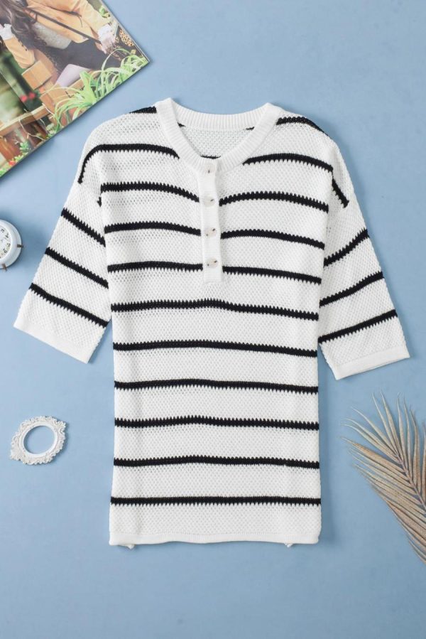 Knit Tops | White Stripe Drop Shoulder Bracelet Sleeve Henley Knit Tee - Women - Image 4