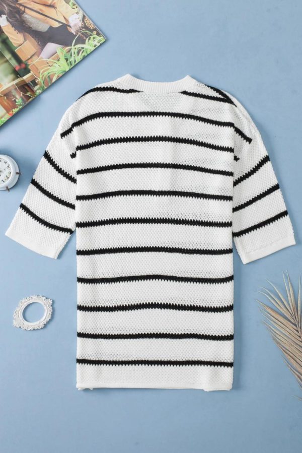Knit Tops | White Stripe Drop Shoulder Bracelet Sleeve Henley Knit Tee - Women - Image 5