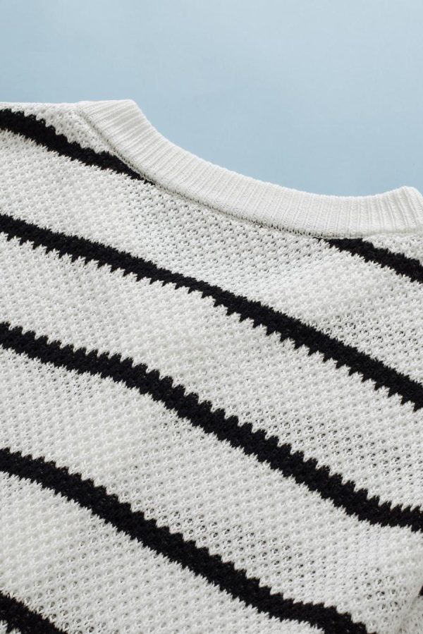 Knit Tops | White Stripe Drop Shoulder Bracelet Sleeve Henley Knit Tee - Women - Image 6