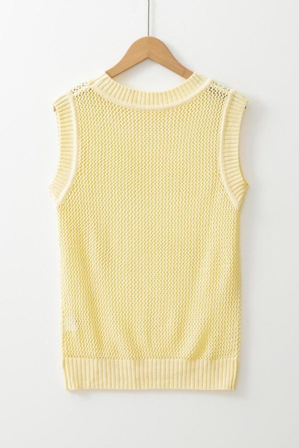 Knit Tops | Yellow Solid Color Hollowed Knit Round Neck Sweater Vest - Women - Image 2