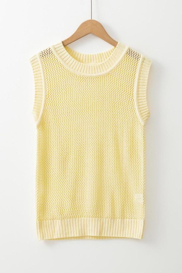 Knit Tops | Yellow Solid Color Hollowed Knit Round Neck Sweater Vest - Women - Image 3