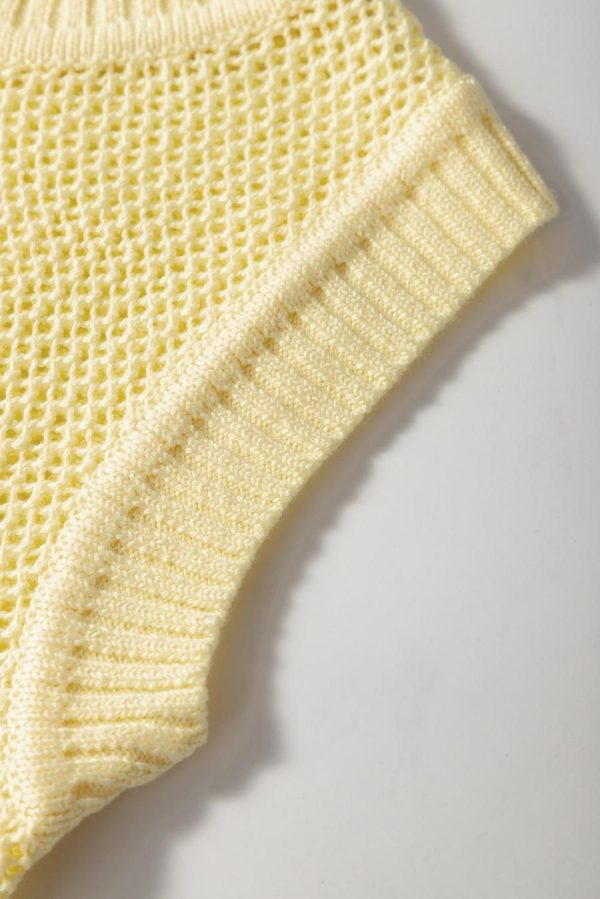 Knit Tops | Yellow Solid Color Hollowed Knit Round Neck Sweater Vest - Women - Image 5
