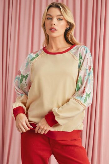 Long Sleeve Tops | Beige Bowknot Print Patchwork Raglan Sleeve Top - Women