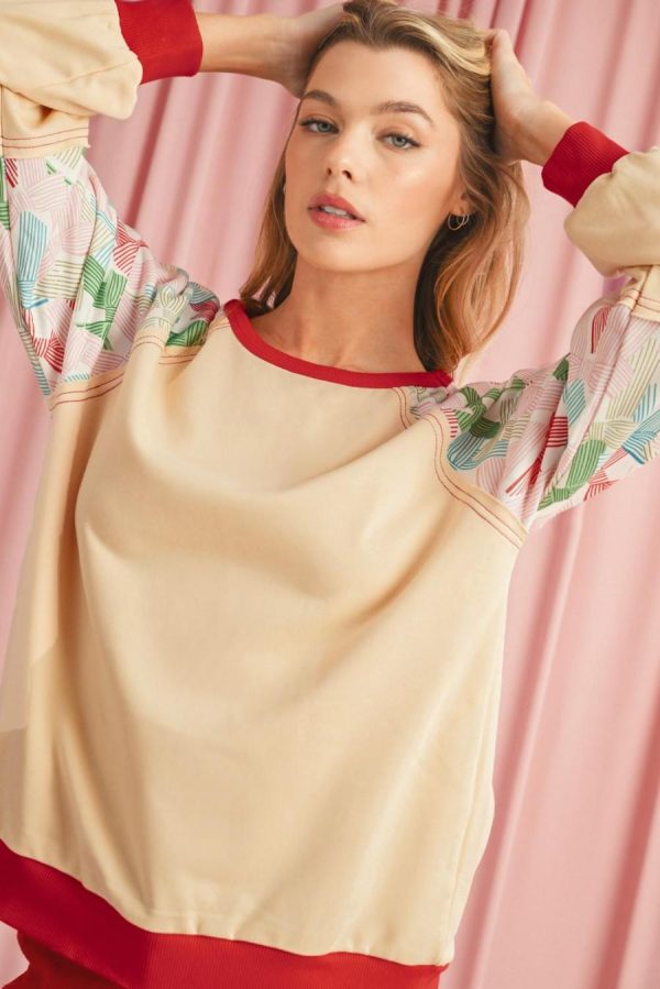 Long Sleeve Tops | Beige Bowknot Print Patchwork Raglan Sleeve Top - Women - Image 3