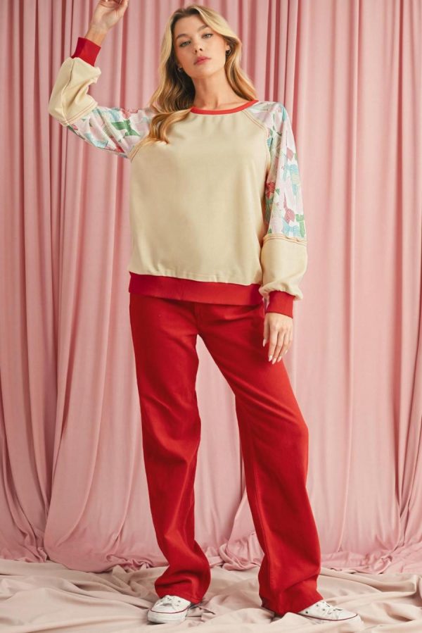 Long Sleeve Tops | Beige Bowknot Print Patchwork Raglan Sleeve Top - Women - Image 4