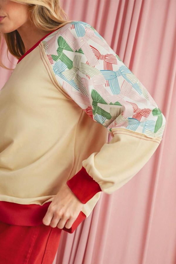 Long Sleeve Tops | Beige Bowknot Print Patchwork Raglan Sleeve Top - Women - Image 5