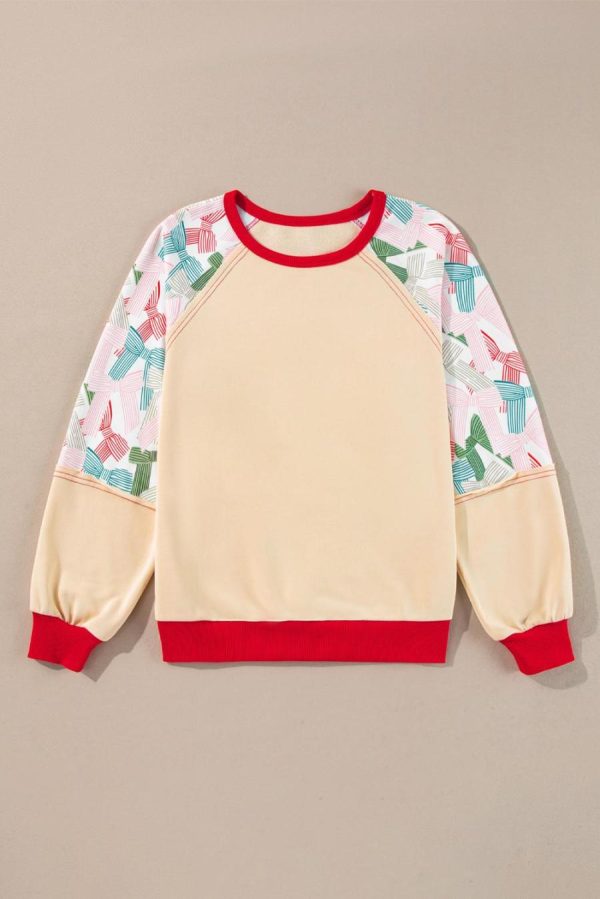 Long Sleeve Tops | Beige Bowknot Print Patchwork Raglan Sleeve Top - Women - Image 6