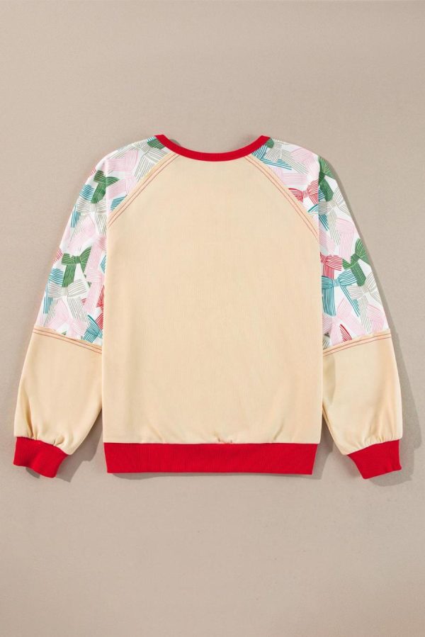 Long Sleeve Tops | Beige Bowknot Print Patchwork Raglan Sleeve Top - Women - Image 7