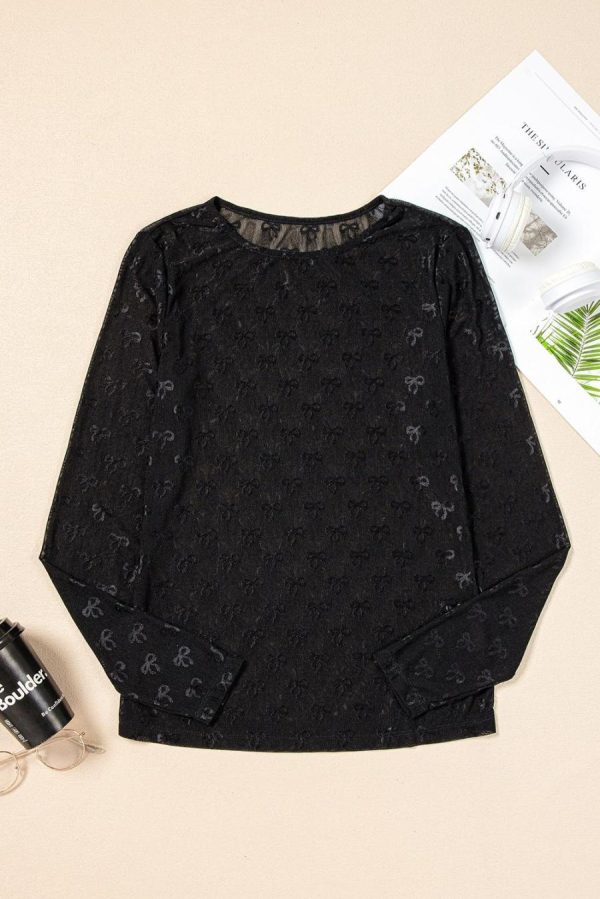 Long Sleeve Tops | Black Bow Pattern Long Sleeve Slim Fit Mesh Top - Women - Image 4